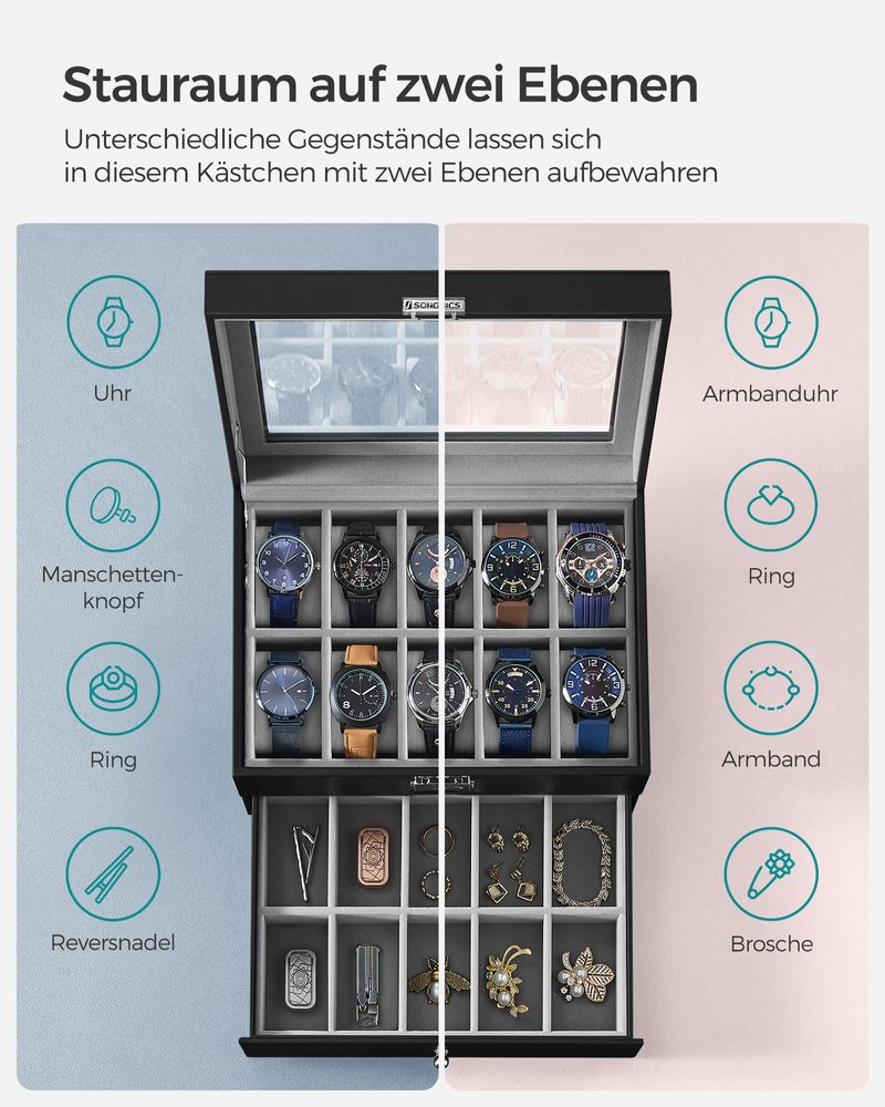 Songmics Κουτί Αποθήκευσης 2 Επιπέδων για 20 Ρολόγια - Black / Grey - JWB020