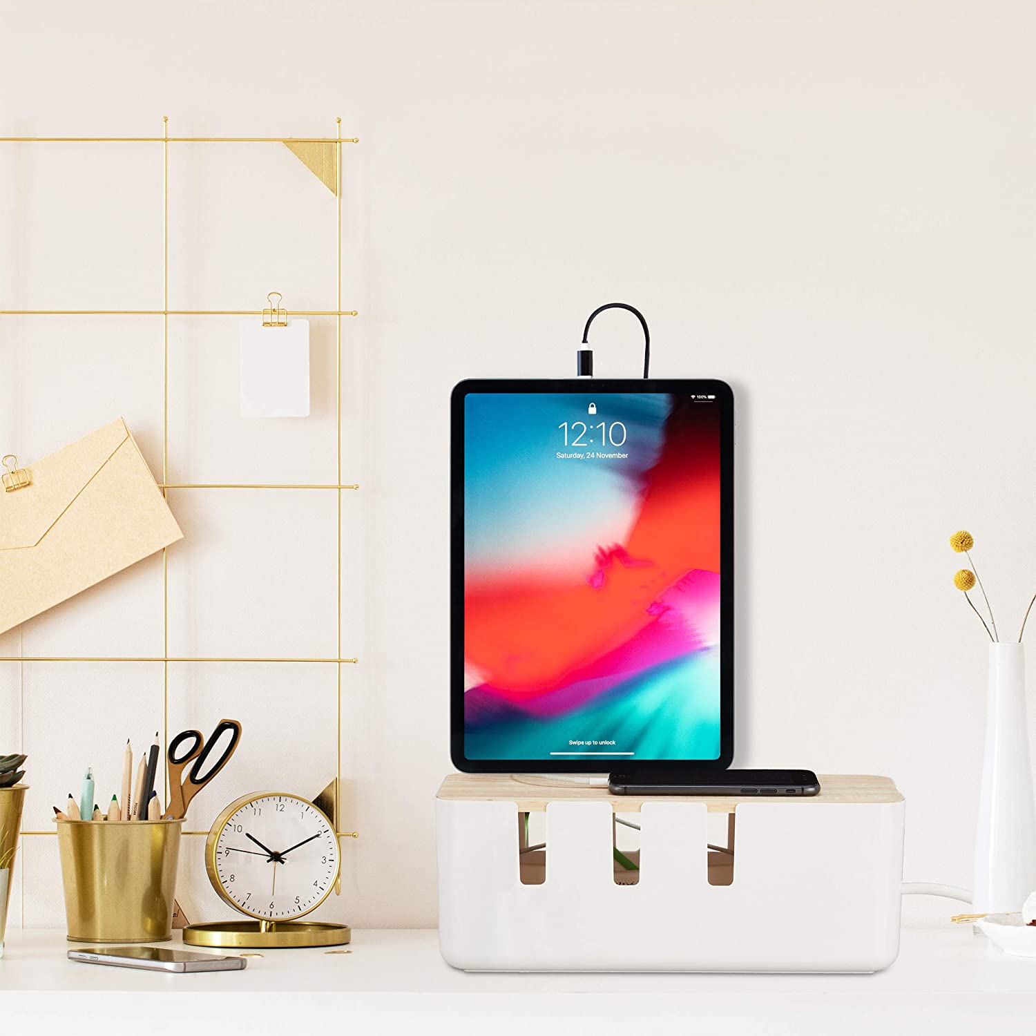 Relaxdays Πλαστικό Κουτί Καλωδίων με Καπάκι από Bamboo - White / Natural - 4052025306991