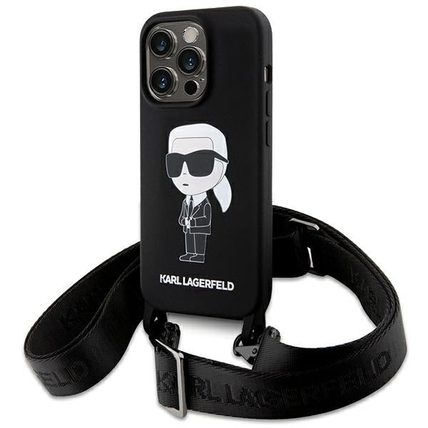 Karl Lagerfeld iPhone 15 Pro Crossbody Silicone Ikonik Σκληρή Θήκη με Πλαίσιο Σιλικόνης και Λουράκι - Black - KLHCP15LSCBSKNK