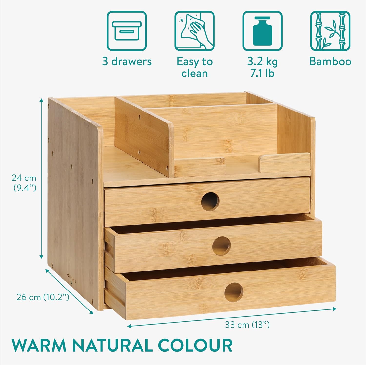 Navaris Ξύλινη Βάση Οργάνωσης από Μπαμπού με 3 Συρτάρια - ‎Brown - 61774.05