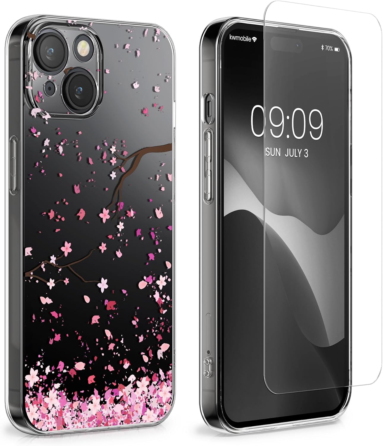 KW iPhone 15 Θήκη Σιλικόνης TPU με Αντιχαρακτικό Γυαλί - Design Cherry Blossom Petals - Pink / Dark Brown / Διάφανη