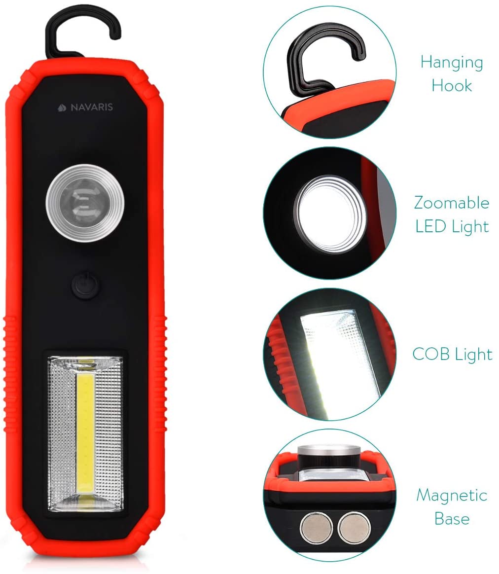 Navaris 1x 3W COB LED Work Light Φακός Εργασίας με Μαγνητική Βάση και Γάντζο - Black / Red - 45758.01