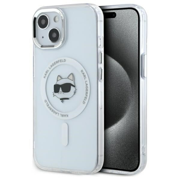 Karl Lagerfeld iPhone 15 - IML Metal Choupette Head - MagSafe Σκληρή Θήκη με Πλαίσιο Σιλικόνης - White - KLHMP15SHLSCHH