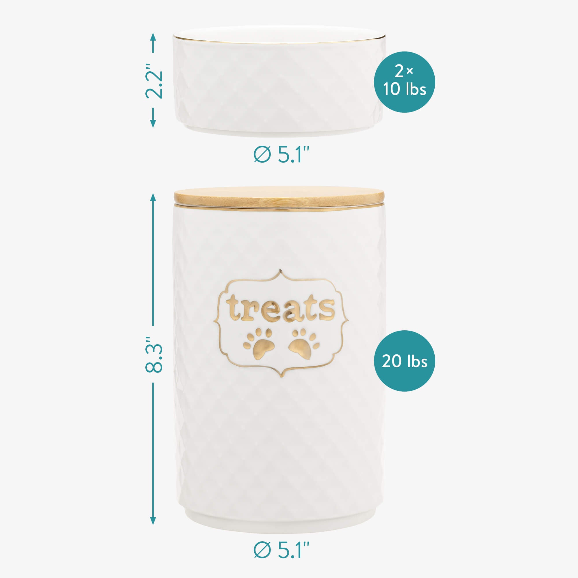 Navaris Σετ με 1 Βάζο Αποθήκευσης και 2 Κεραμικά Μπολ Λιχουδιών για Κατοικίδια - White - 57145.02