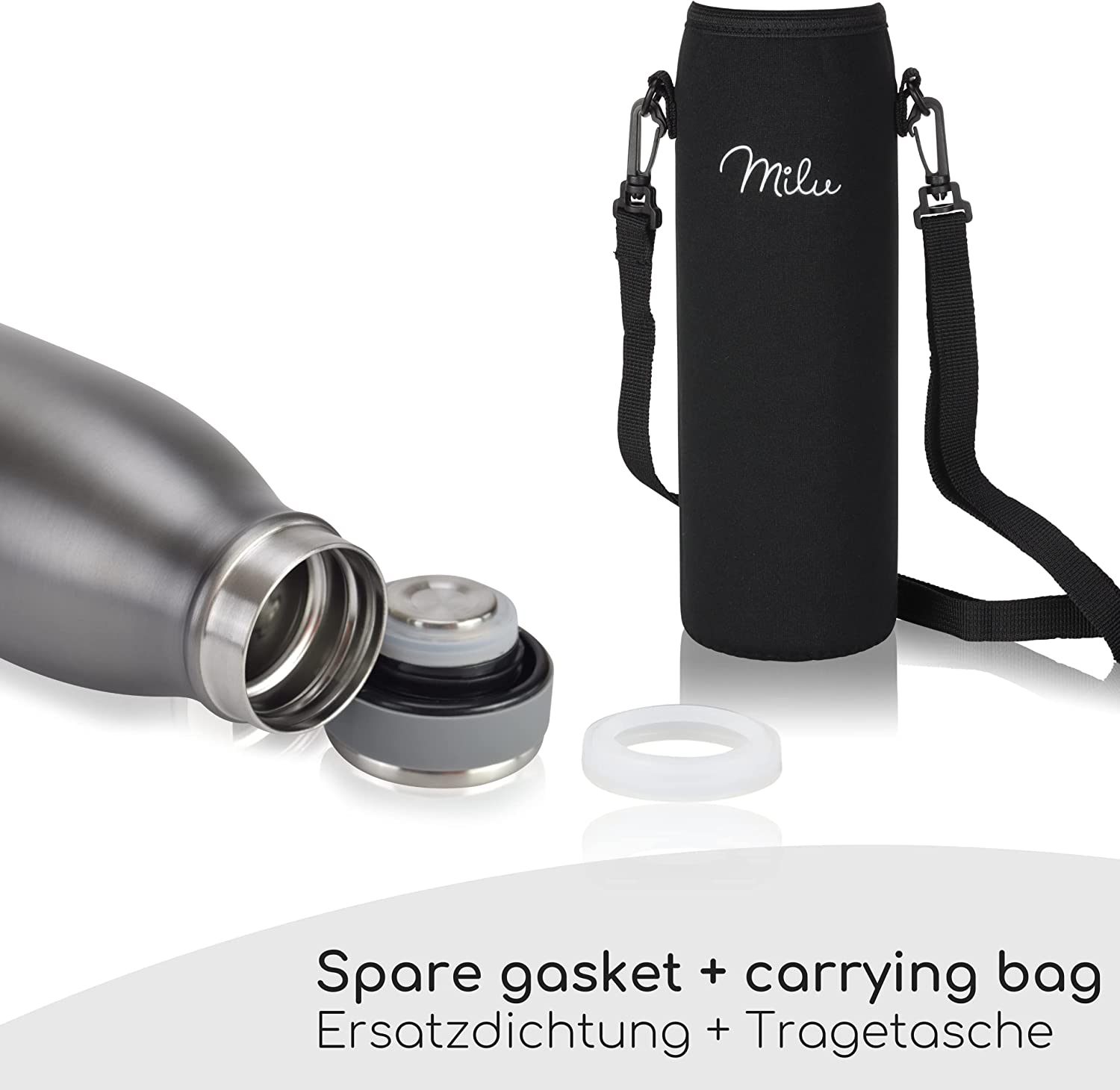 Milu T5 Stainless Steel Μπουκάλι Θερμός από Ανοξείδωτο Ατσάλι για Ζεστά και Κρύα Ροφήματα - 1000ml - Grey - 6505