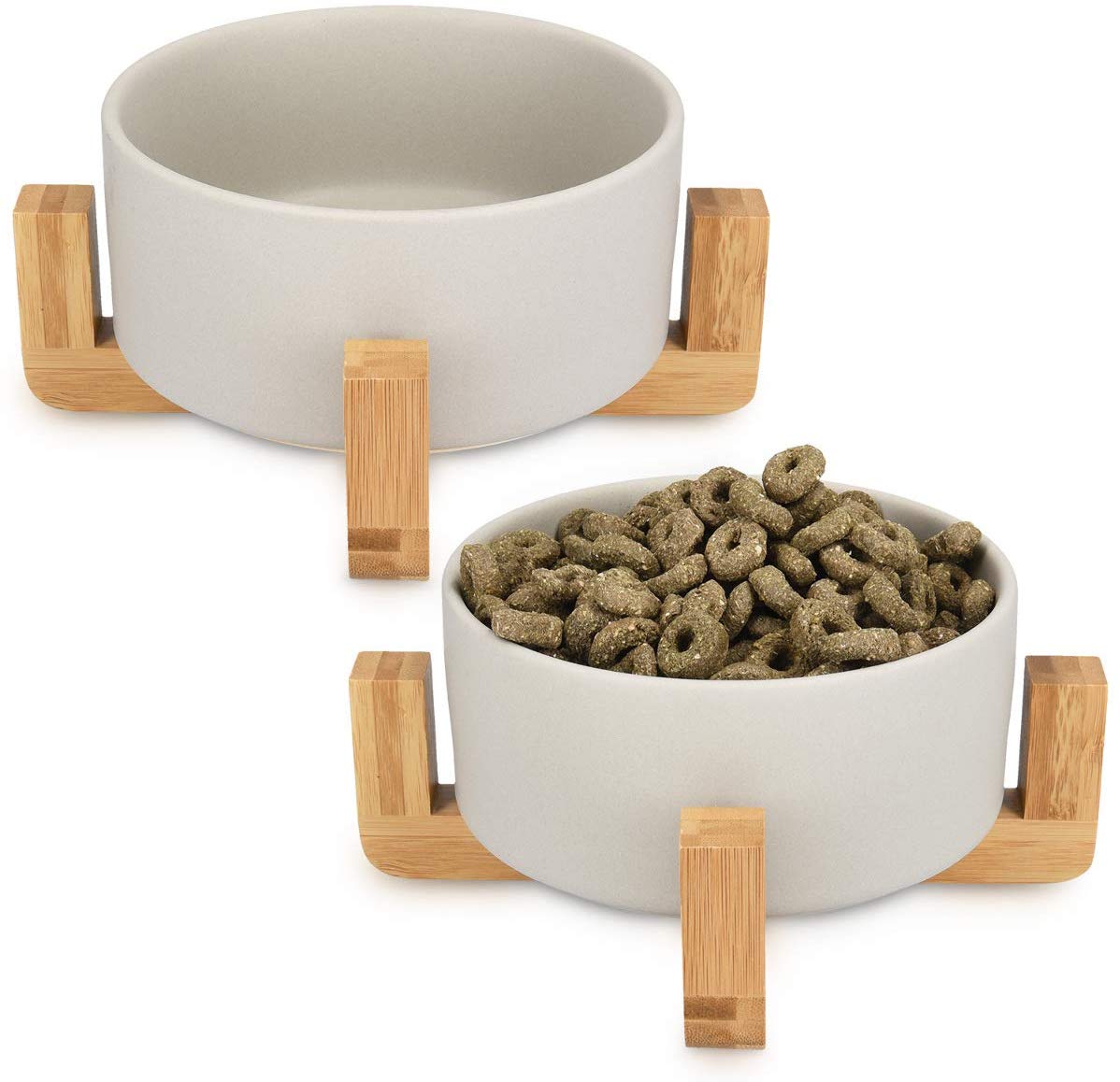 Navaris Cat Bowls with Wood Stands - Σετ με 2 Μπολ Φαγητού και Νερού με Βάση από Μπαμπού για Κατοικίδια - Grey / Brown - 48350.22