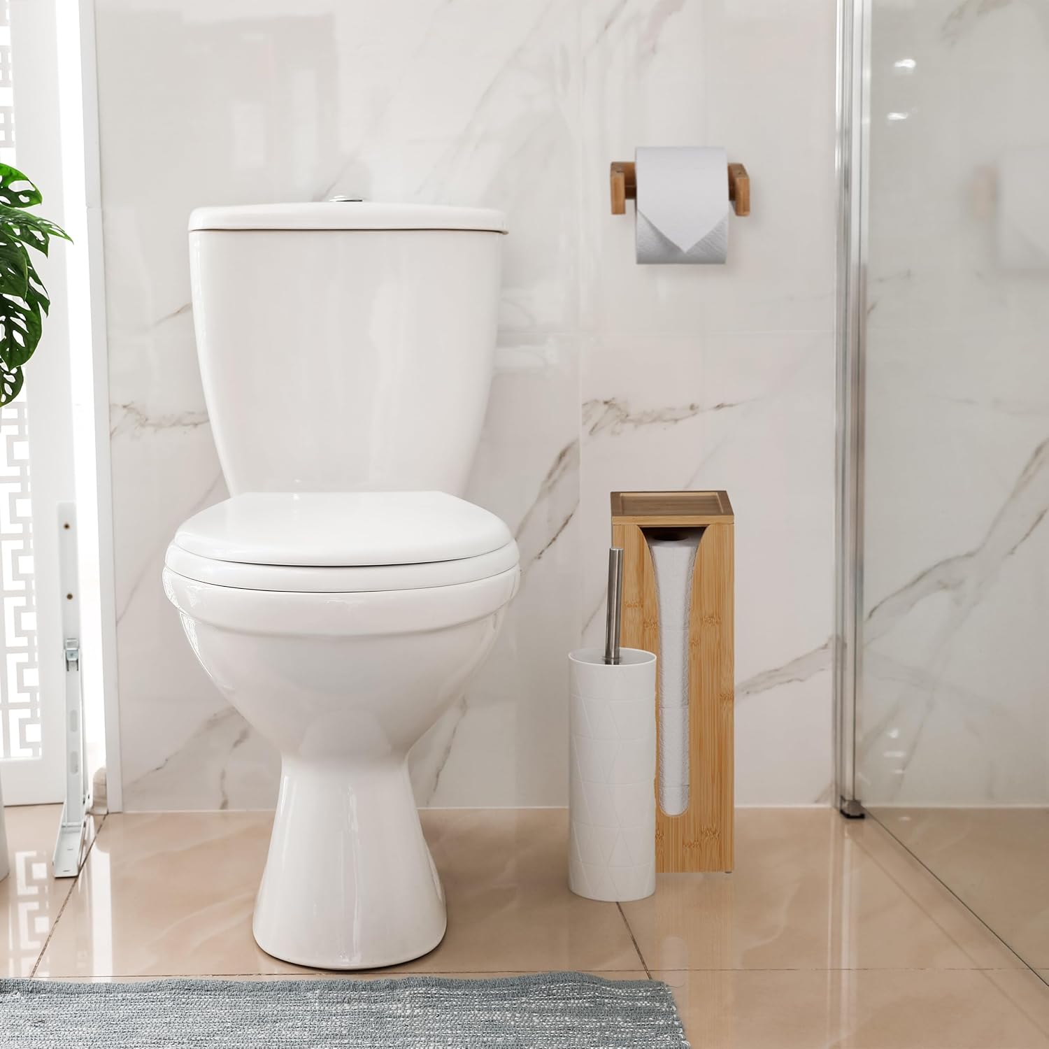 Relaxdays Σετ με Επιδαπέδια Χαρτοθήκη και Επιτοίχια Βάση Ρολού Τουαλέτας από Μπαμπού - Natural - 4052025485290