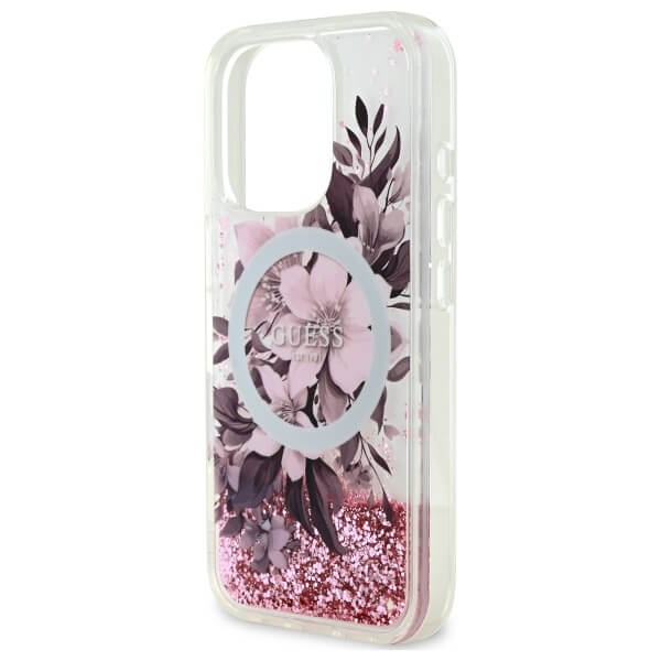 Guess iPhone 16 Pro - Liquid Glitter Flower MagSafe - Σκληρή Θήκη με Πλαίσιο Σιλικόνης - Διάφανη - GUHMP16LLFMWTP