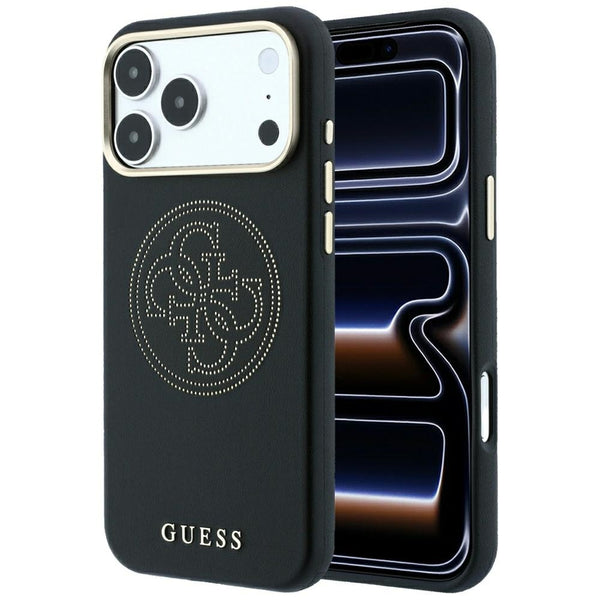 Guess iPhone 18 Pro / iPhone 17 Pro - Θήκη με Επένδυση Συνθετικού Δέρματος MagSafe - Perforated 4G Gold Logo - Black