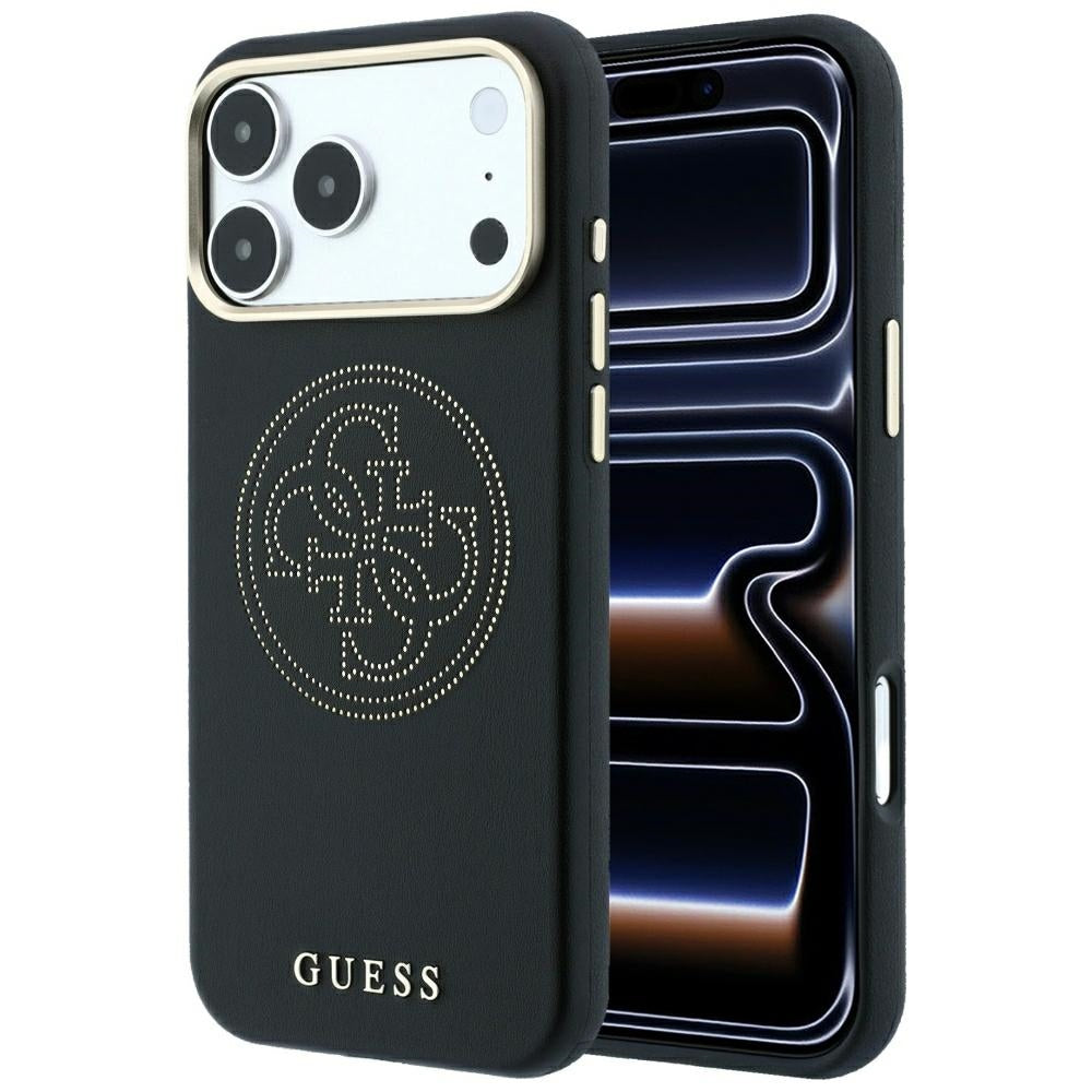 Guess iPhone 18 Pro Max / iPhone 17 Pro Max - Θήκη με Επένδυση Συνθετικού Δέρματος MagSafe - Perforated 4G Gold Logo - Black