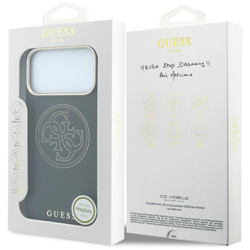 Guess iPhone 18 Pro Max / iPhone 17 Pro Max - Θήκη με Επένδυση Συνθετικού Δέρματος MagSafe - Perforated 4G Gold Logo - Black