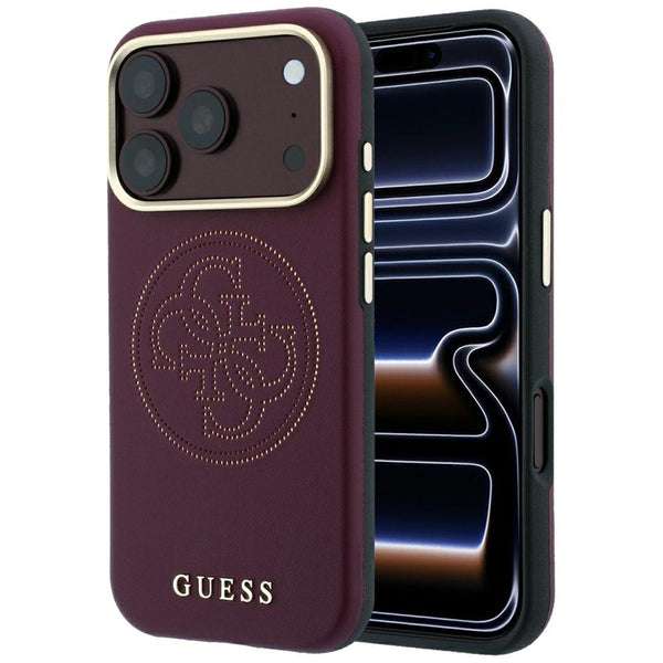Guess iPhone 18 Pro / iPhone 17 Pro - Θήκη με Επένδυση Συνθετικού Δέρματος MagSafe - Perforated 4G Gold Logo - Burgundy