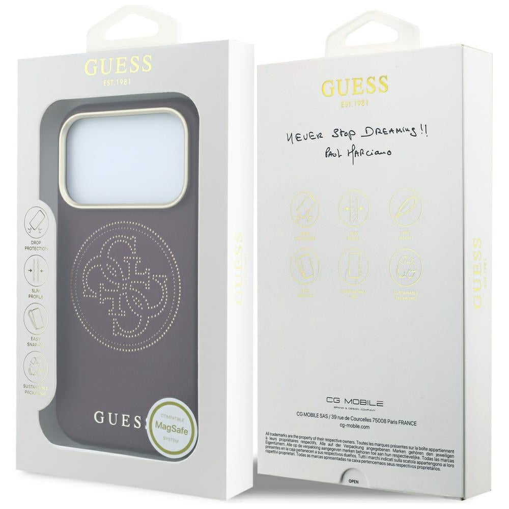 Guess iPhone 18 Pro / iPhone 17 Pro - Θήκη με Επένδυση Συνθετικού Δέρματος MagSafe - Perforated 4G Gold Logo - Burgundy