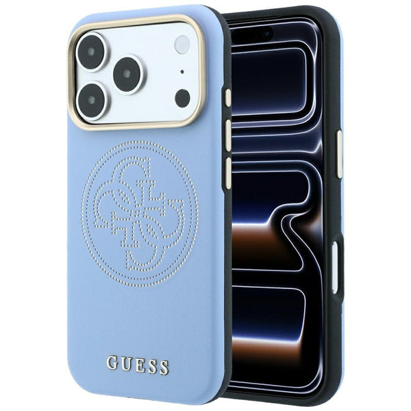 Guess iPhone 18 Pro / iPhone 17 Pro - Θήκη με Επένδυση Συνθετικού Δέρματος MagSafe - Perforated 4G Gold Logo - Light Blue