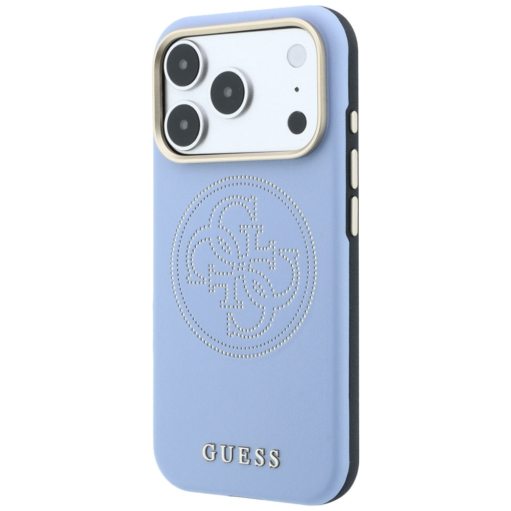 Guess iPhone 18 Pro Max / iPhone 17 Pro Max - Θήκη με Επένδυση Συνθετικού Δέρματος MagSafe - Perforated 4G Gold Logo - Light Blue