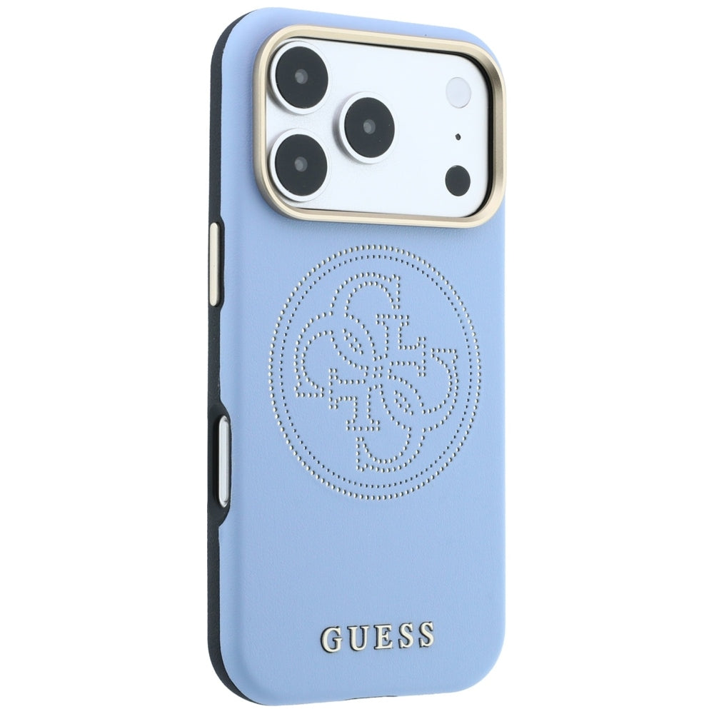 Guess iPhone 18 Pro Max / iPhone 17 Pro Max - Θήκη με Επένδυση Συνθετικού Δέρματος MagSafe - Perforated 4G Gold Logo - Light Blue