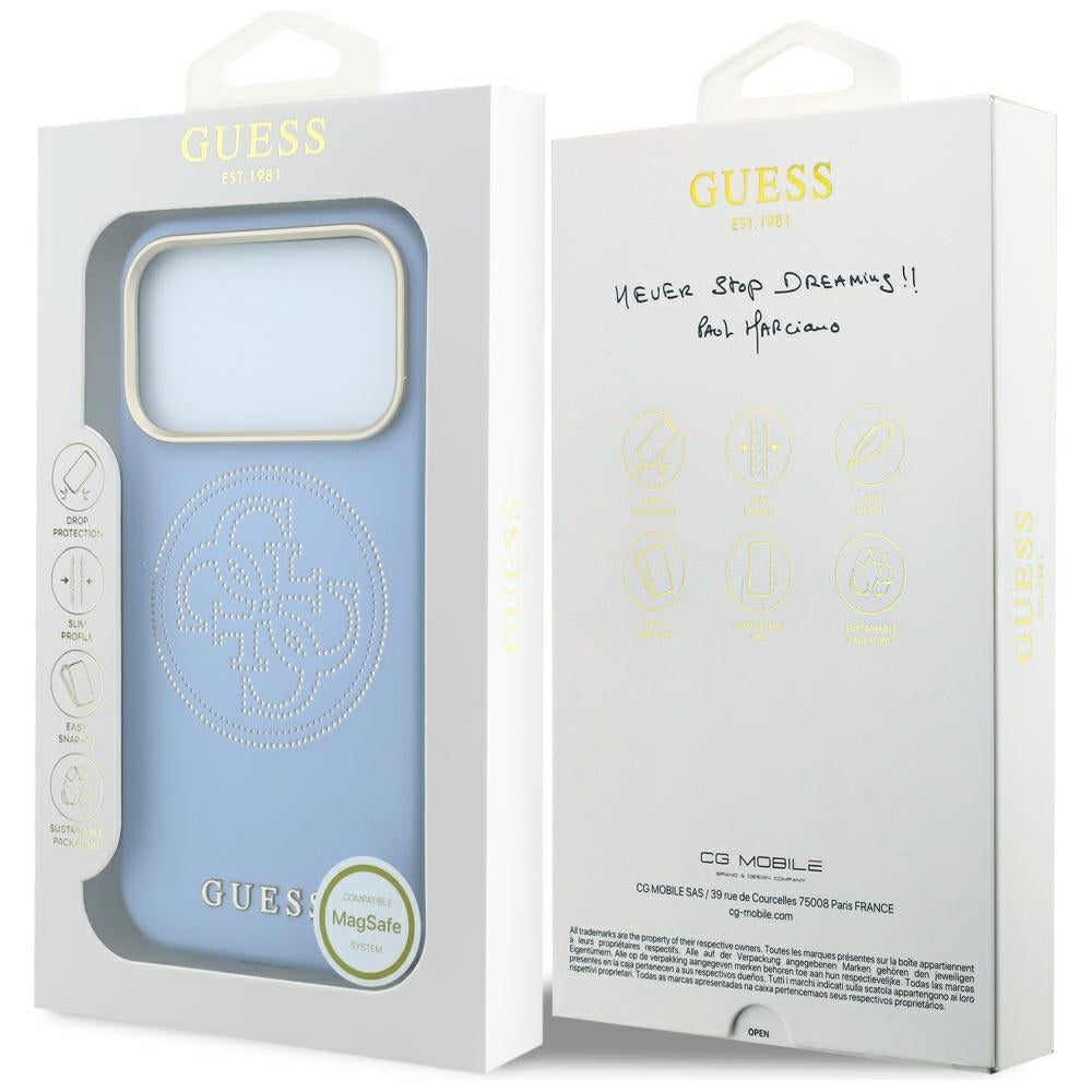 Guess iPhone 18 Pro Max / iPhone 17 Pro Max - Θήκη με Επένδυση Συνθετικού Δέρματος MagSafe - Perforated 4G Gold Logo - Light Blue
