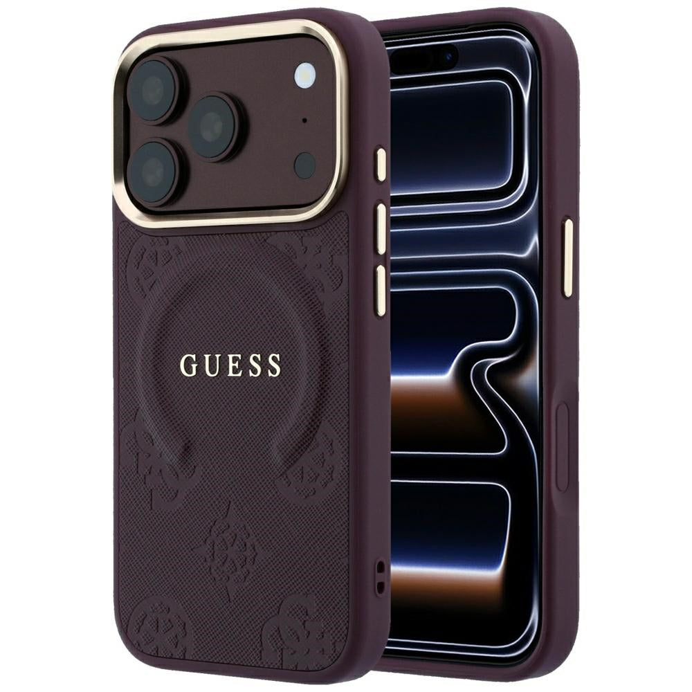Guess iPhone 18 Pro Max / iPhone 17 Pro Max - Σκληρή Θήκη με Επένδυση Συνθετικού Δέρματος MagSafe - Saffiano Peony and Ring - Burgundy