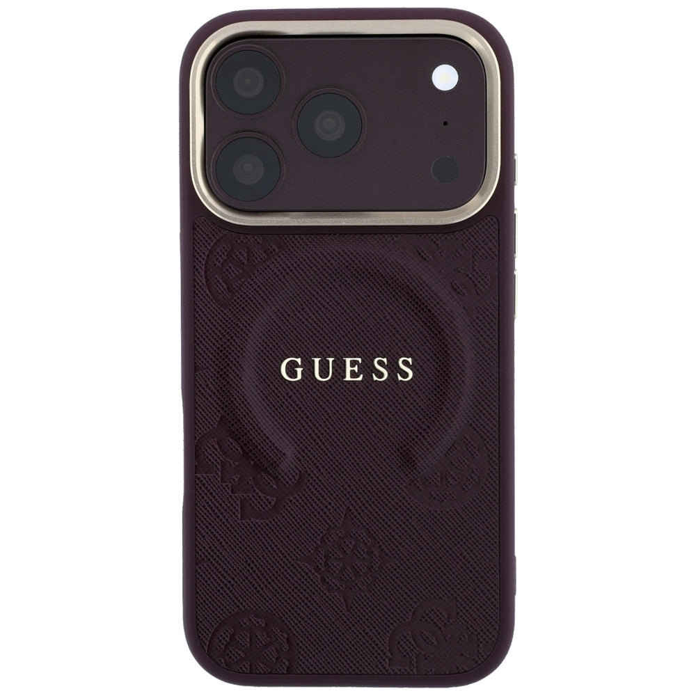 Guess iPhone 18 Pro Max / iPhone 17 Pro Max - Σκληρή Θήκη με Επένδυση Συνθετικού Δέρματος MagSafe - Saffiano Peony and Ring - Burgundy