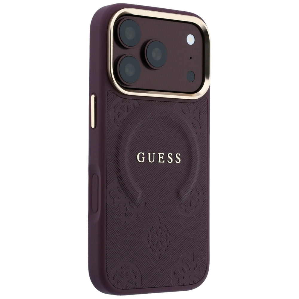 Guess iPhone 18 Pro Max / iPhone 17 Pro Max - Σκληρή Θήκη με Επένδυση Συνθετικού Δέρματος MagSafe - Saffiano Peony and Ring - Burgundy