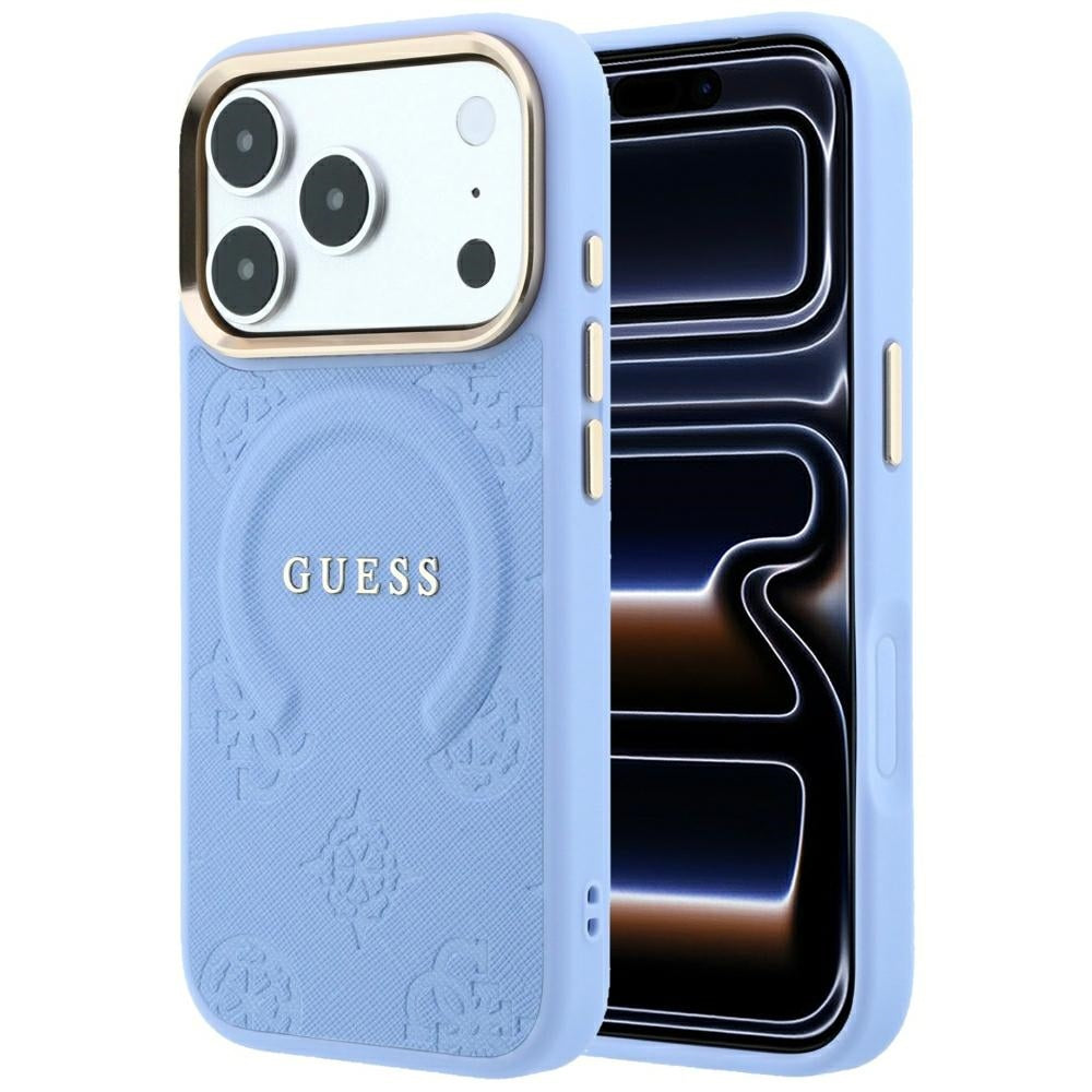Guess iPhone 18 Pro / iPhone 17 Pro - Σκληρή Θήκη με Επένδυση Συνθετικού Δέρματος MagSafe - Saffiano Peony and Ring - Light Blue