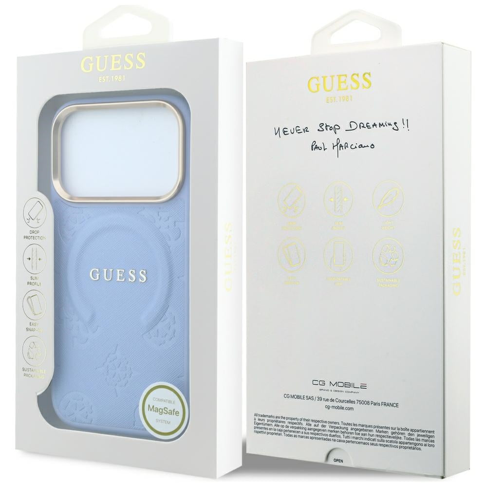 Guess iPhone 18 Pro / iPhone 17 Pro - Σκληρή Θήκη με Επένδυση Συνθετικού Δέρματος MagSafe - Saffiano Peony and Ring - Light Blue