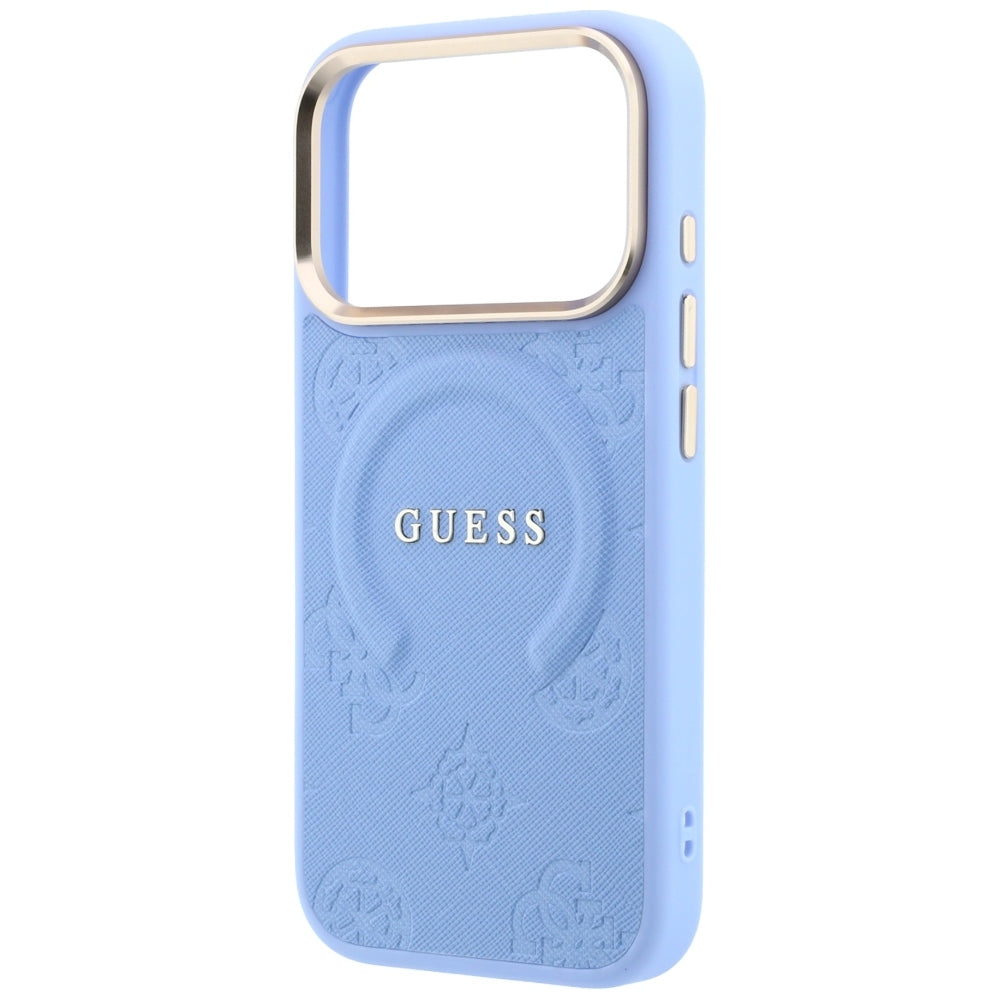 Guess iPhone 18 Pro Max / iPhone 17 Pro Max - Σκληρή Θήκη με Επένδυση Συνθετικού Δέρματος MagSafe - Saffiano Peony and Ring - Light Blue