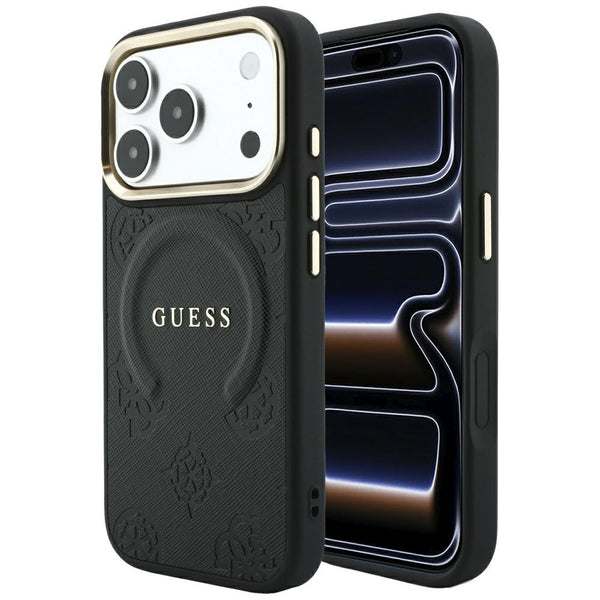 Guess iPhone 18 Pro / iPhone 17 Pro - Σκληρή Θήκη με Επένδυση Συνθετικού Δέρματος MagSafe - Saffiano Peony and Ring - Black