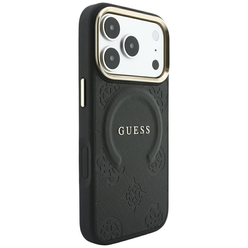 Guess iPhone 18 Pro / iPhone 17 Pro - Σκληρή Θήκη με Επένδυση Συνθετικού Δέρματος MagSafe - Saffiano Peony and Ring - Black