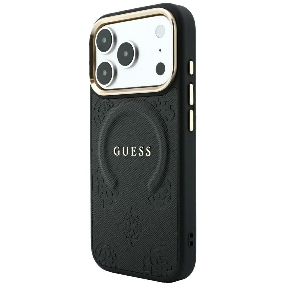 Guess iPhone 18 Pro Max / iPhone 17 Pro Max - Σκληρή Θήκη με Επένδυση Συνθετικού Δέρματος MagSafe - Saffiano Peony and Ring - Black