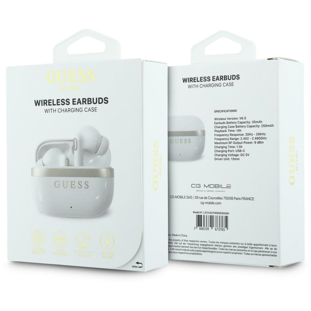 Guess Ασύρματα Bluetooth Ακουστικά για Κλήσεις / Μουσική - TWS Glossy Printed Classic Logo - White