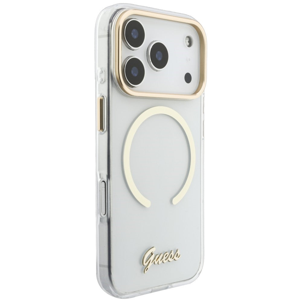 Guess iPhone 18 Pro / iPhone 17 Pro - Σκληρή Θήκη με Πλαίσιο Σιλικόνης και MagSafe - IML Script Metal - Clear