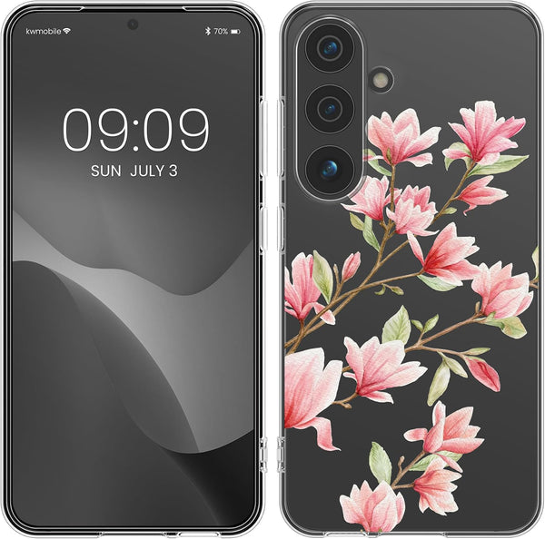 KW Samsung Galaxy S24+ Λεπτή Θήκη Σιλικόνης TPU - Design Magnolias - Pink / White / Διάφανη