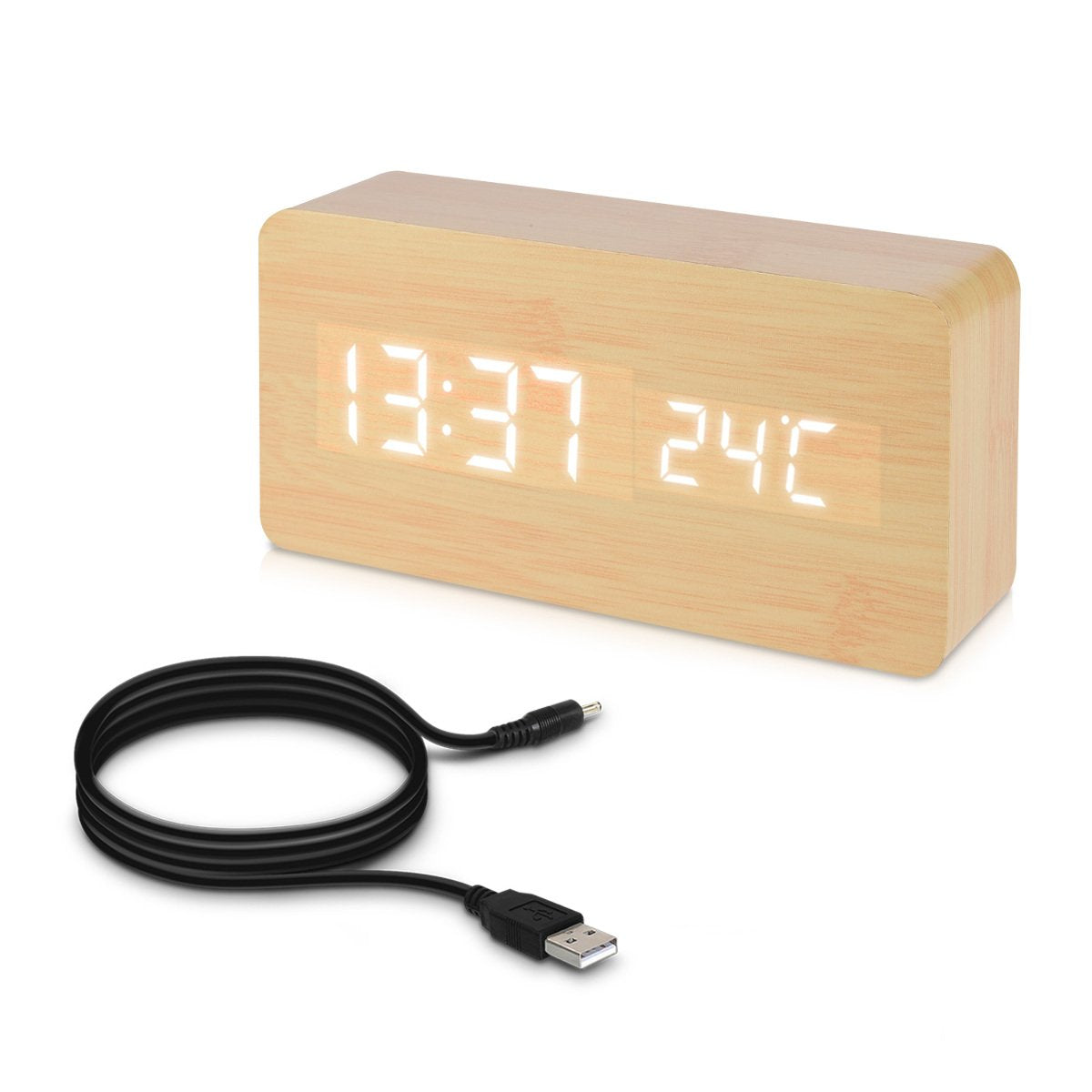 Kwmobile Digital Alarm LED Clock - Ψηφιακό Επιτραπέζιο Ρολόι και Ξυπνητήρι - Wooden Design - White LED - 38876