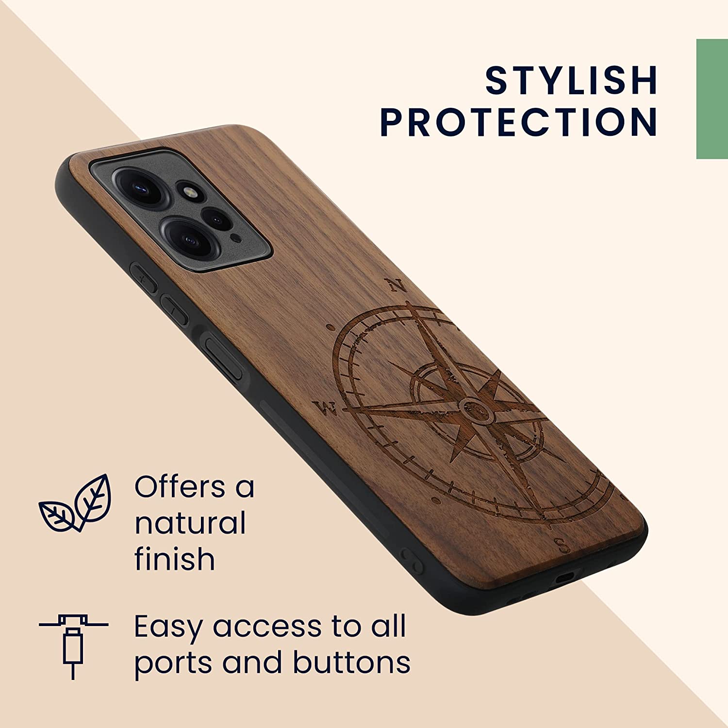 KW Xiaomi Redmi Note 12 4G Θήκη από Φυσικό Ξύλο - Design Navigational Compass - Dark Brown - 61179.01