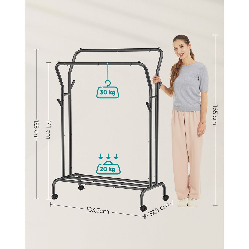 Songmics Τροχήλατη Κρεμάστρα Pούχων με 2 Pάγες και Ράφι - Ράγα Ρούχων - 52.5 x 103.5 x 155 cm - Black - HSR107B01