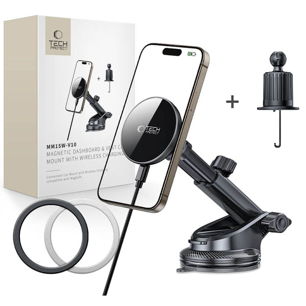 Tech-Protect MM15W-V10 Μαγνητική Βάση για το Ταμπλό και τον Αεραγωγό του Αυτοκινήτου με Ασύρματη Φόρτιση MagSafe 15W - Black - likebrands.gr