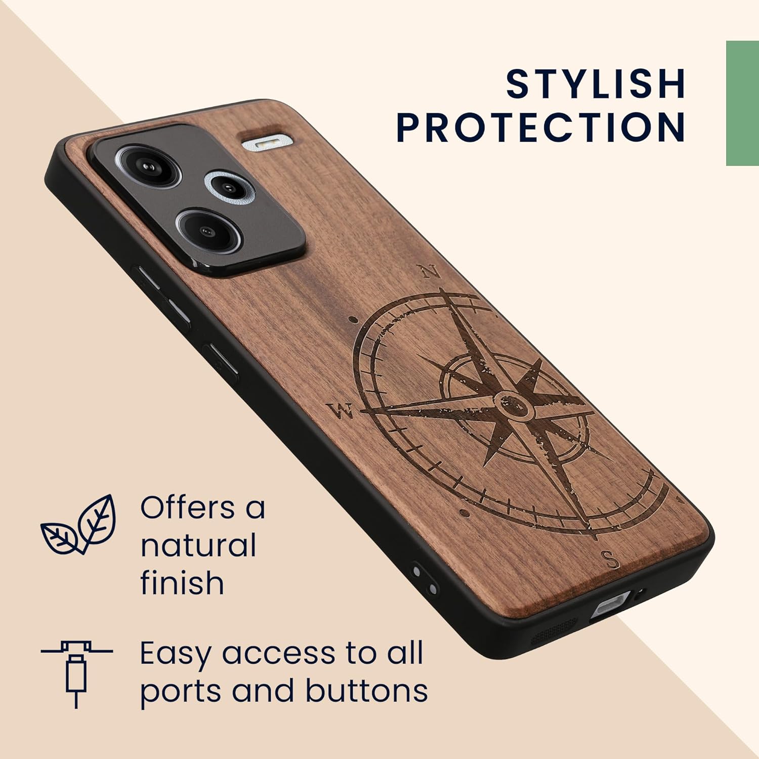 KW Xiaomi Redmi Note 13 Pro+ 5G Θήκη από Φυσικό Ξύλο - Design Navigational Compass - Dark Brown
