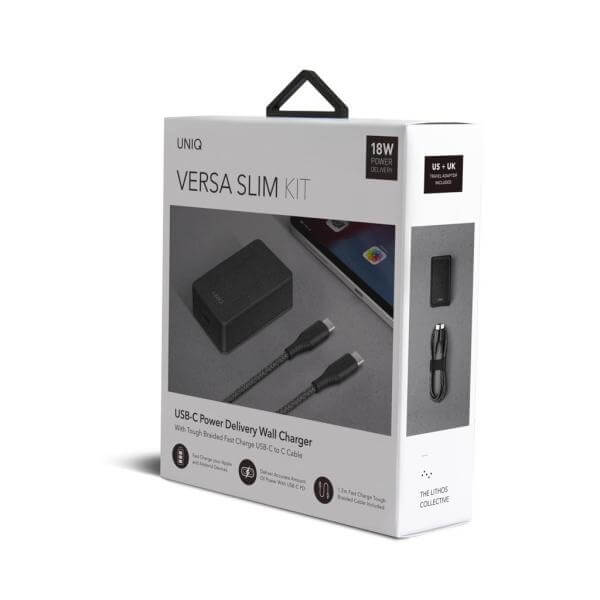 Uniq Versa Slim PD 18W Οικιακός Φορτιστής Γρήγορης Φόρτισης με 1 Θύρα Type - C και Καλώδιο Type - C to Type - C - Charcoal Black