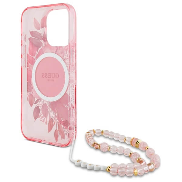 Guess iPhone 16 Pro Max - IML Flowers With Pearl Strap MagSafe - Σκληρή Θήκη με Πλαίσιο Σιλικόνης και Λουράκι - Pink - GUHMP16XHFWBRCESP