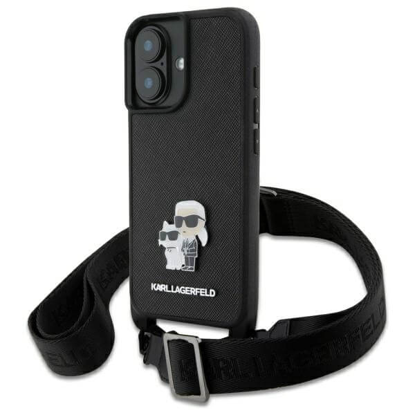Karl Lagerfeld iPhone 16 - Saffiano Karl and Choupette Metal Pin CBDY Strap - Σκληρή Θήκη με Επένδυση Συνθετικού Δέρματος με Πλαίσιο Σιλικόνης και Λουράκι - Black - KLHCP16SSAKCPBK