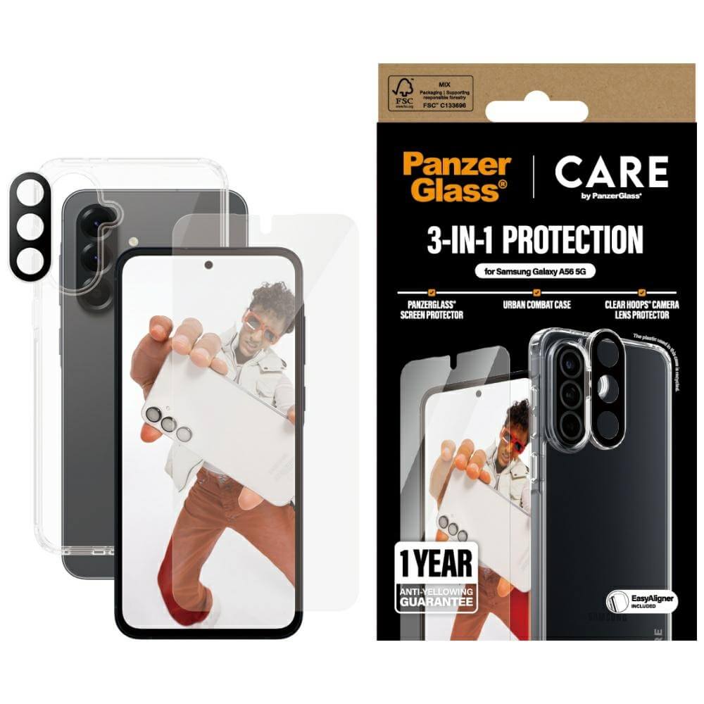 Care by PanzerGlass Samsung Galaxy A56 5G - Flagship 3in1 Σετ με 1 Αντιχαρακτικό Γυαλί Οθόνης, 1 Αντιχαρακτικό Γυαλί για την Κάμερα και 1 Σκληρή Θήκη - Clear
