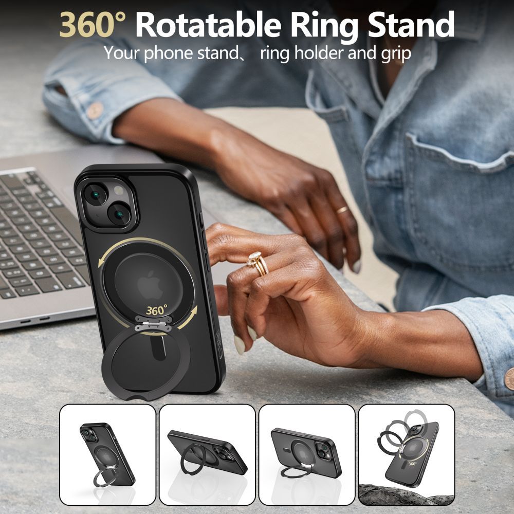 Tech-Protect iPhone 16e MagRing - Σκληρή MagSafe Θήκη με Περιστρεφόμενο Δαχτυλίδι Συγκράτησης / Stand - Matte Black / Ημιδιάφανη