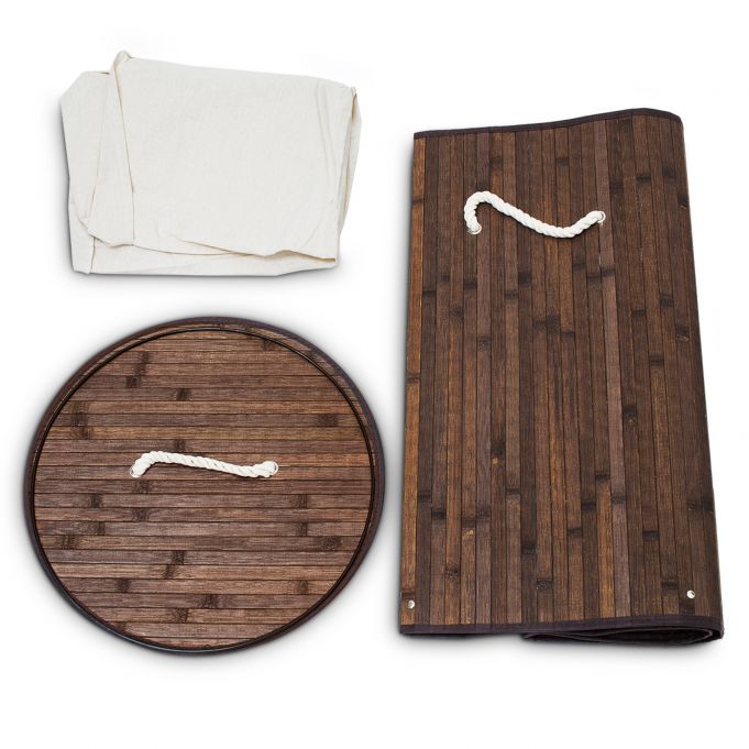 Relaxdays Πτυσσόμενο Στρόγγυλο Καλάθι Απλύτων από Μπαμπού με Καπάκι - Brown / White - 4052025046750