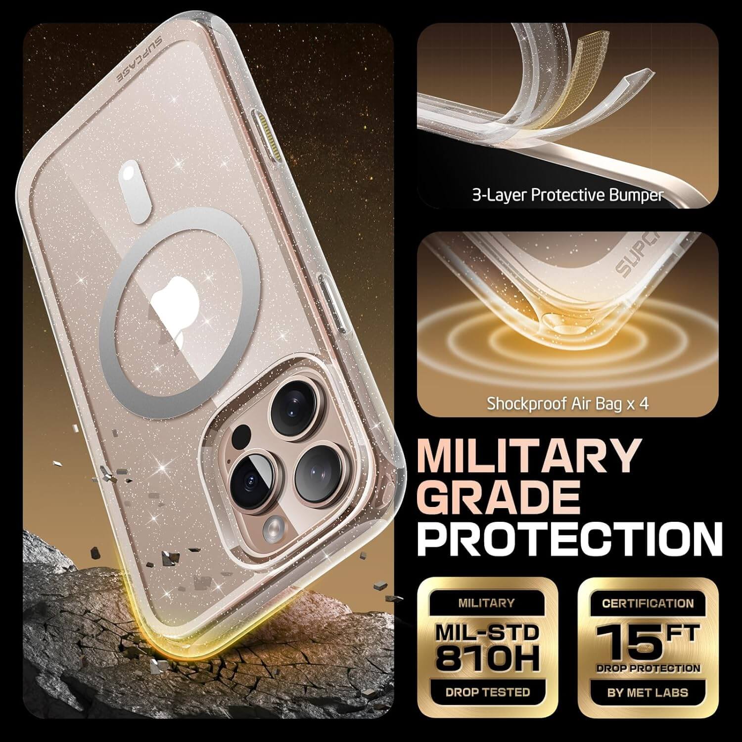 Supcase iPhone 16 - Unicorn Beetle Slim Clear MagSafe Σκληρή Θήκη - Glitter Pink