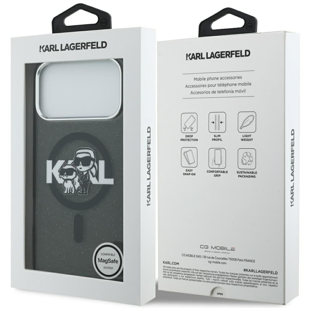 Karl Lagerfeld iPhone 17 Pro Max - IML Glitter Karl and Choupette Sketch Logo MagSafe - Σκληρή Θήκη με Πλαίσιο Σιλικόνης - Black - KLHMP17XHGKCGKBK