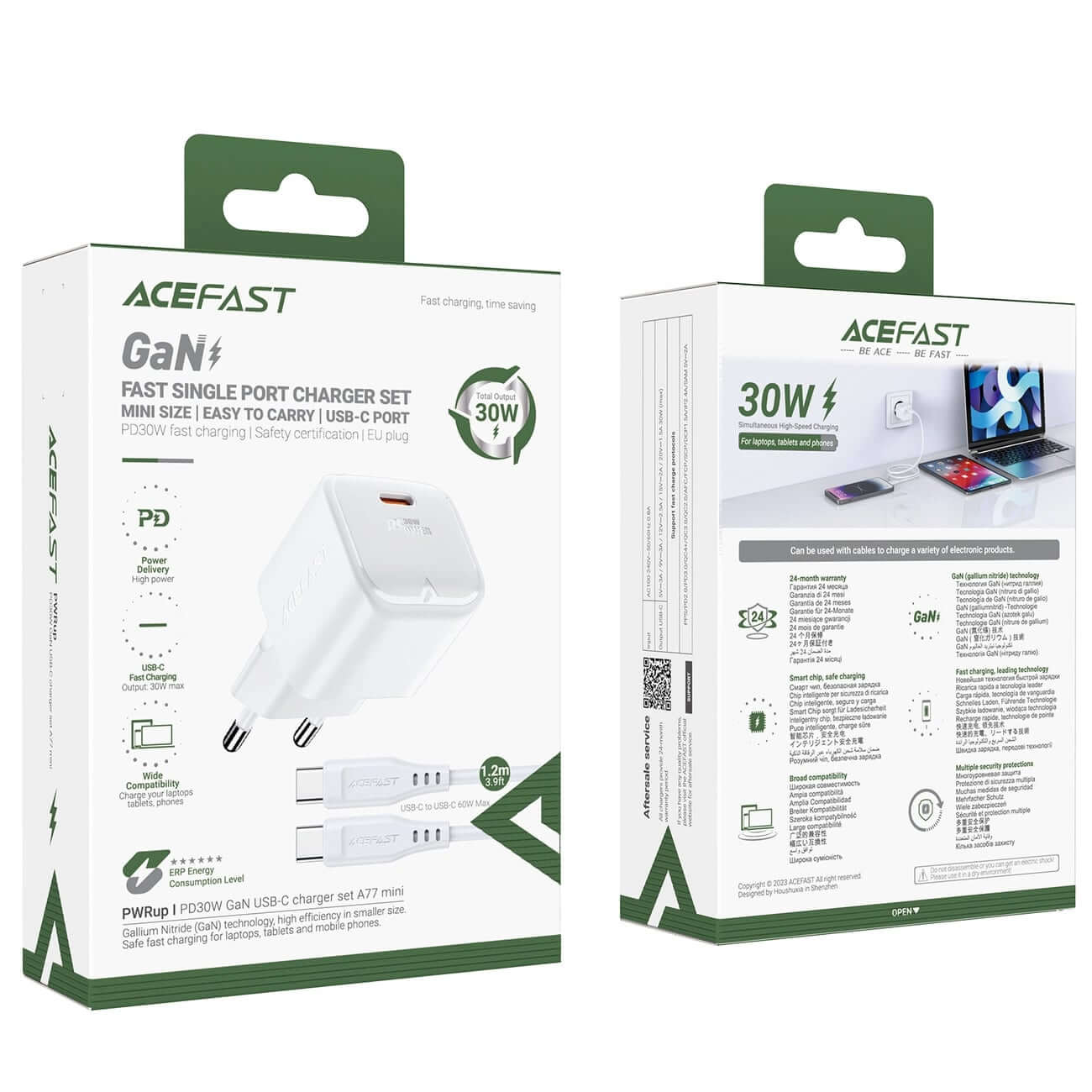 Acefast A77 Mini PD 30W GaN Οικιακός Φορτιστής Γρήγορης Φόρτισης με Θύρα Type-C και Καλώδιο Type-C to Type-C - White