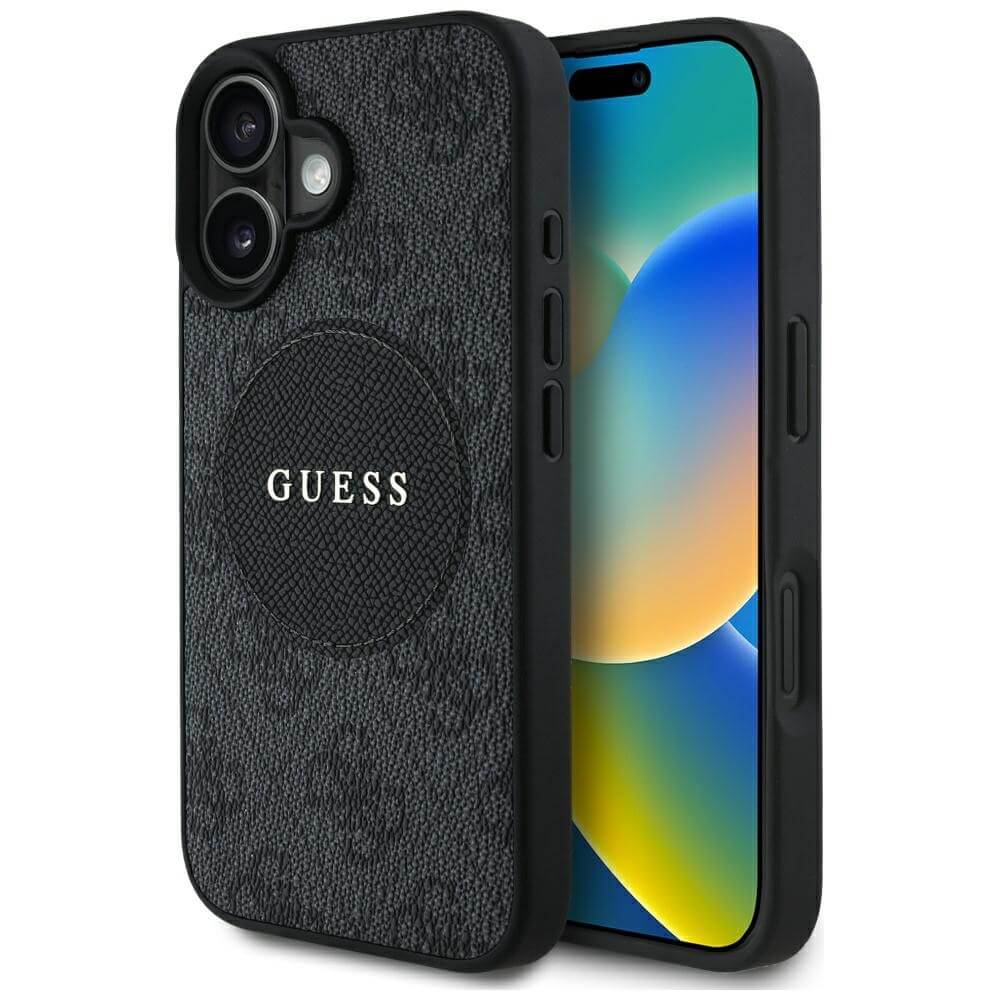 Guess iPhone 16 - 4G Circle Classic Logo - MagSafe Θήκη με Επένδυση Συνθετικού Δέρματος - Black - GUHMP16SP4PGRSGK