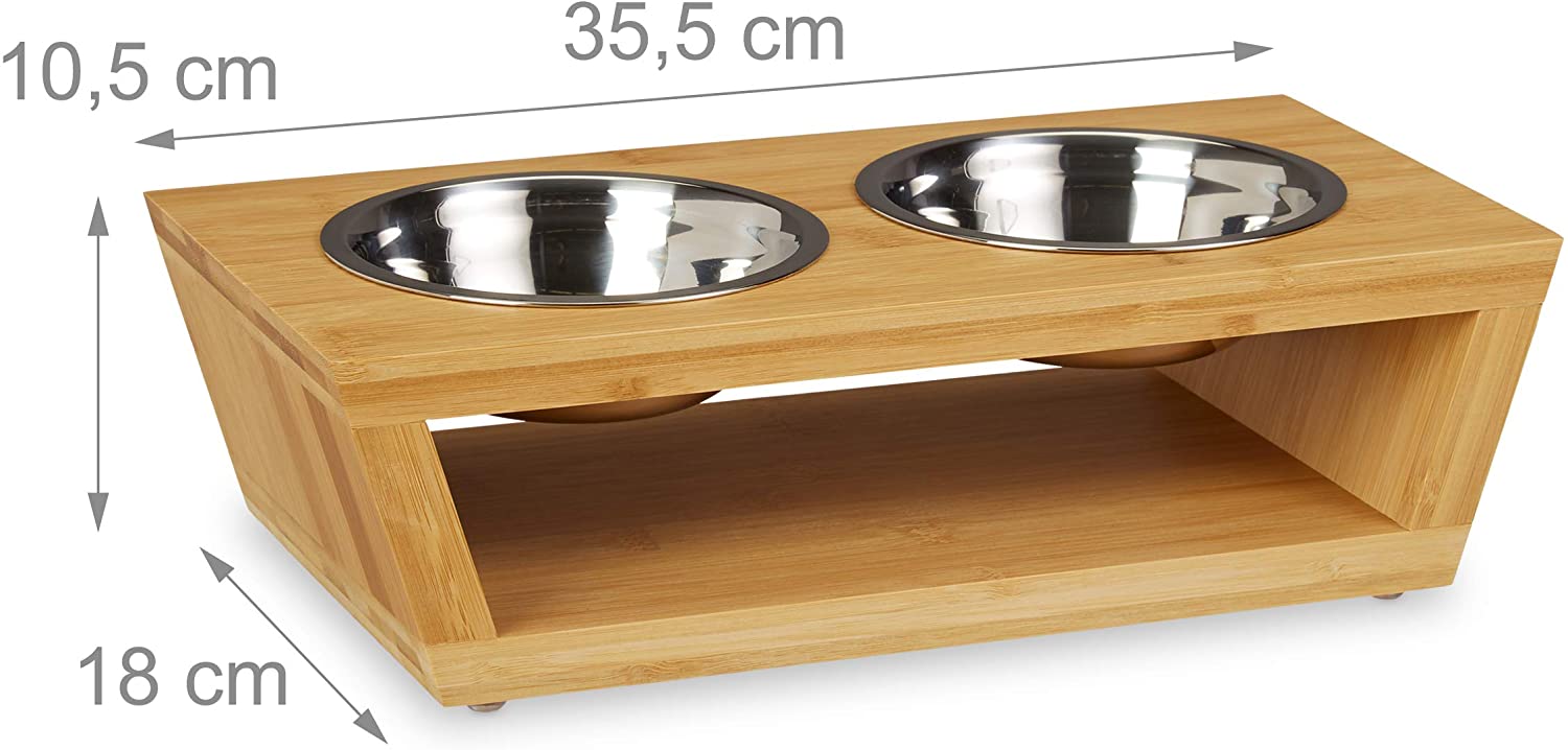 Relaxdays Σετ με 2 Μπολ από Ανοξείδωτο Ατσάλι σε Βάση από Μπαμπού για Κατοικίδια - 300 ml - Natural - 4052025227708