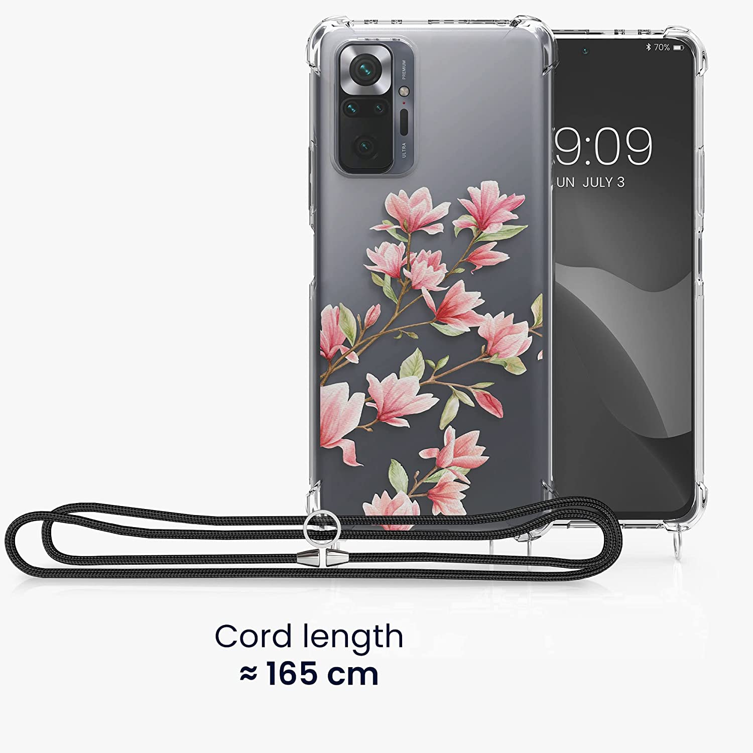 KW Xiaomi Redmi Note 10 Pro Θήκη Σιλικόνης TPU με Λουράκι Design Magnolias - Light Pink / White - Διάφανη - 56529.02